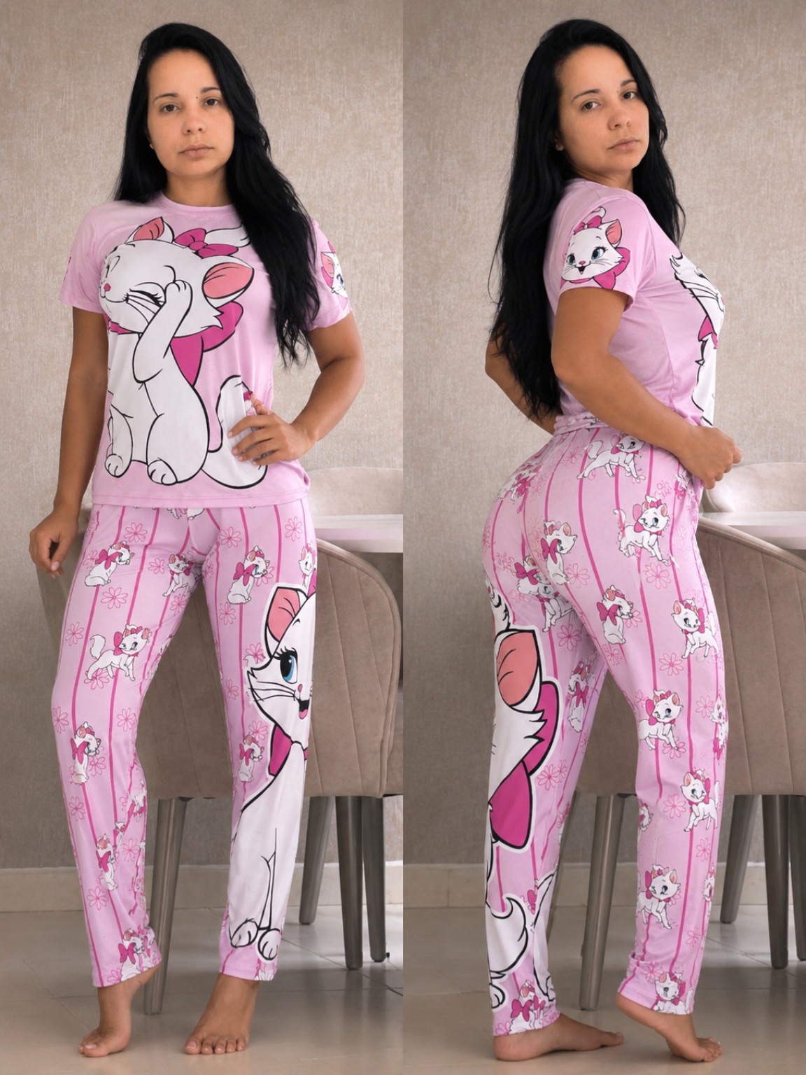 Pijama Marie rosada para mujer, vista frontal y posterior